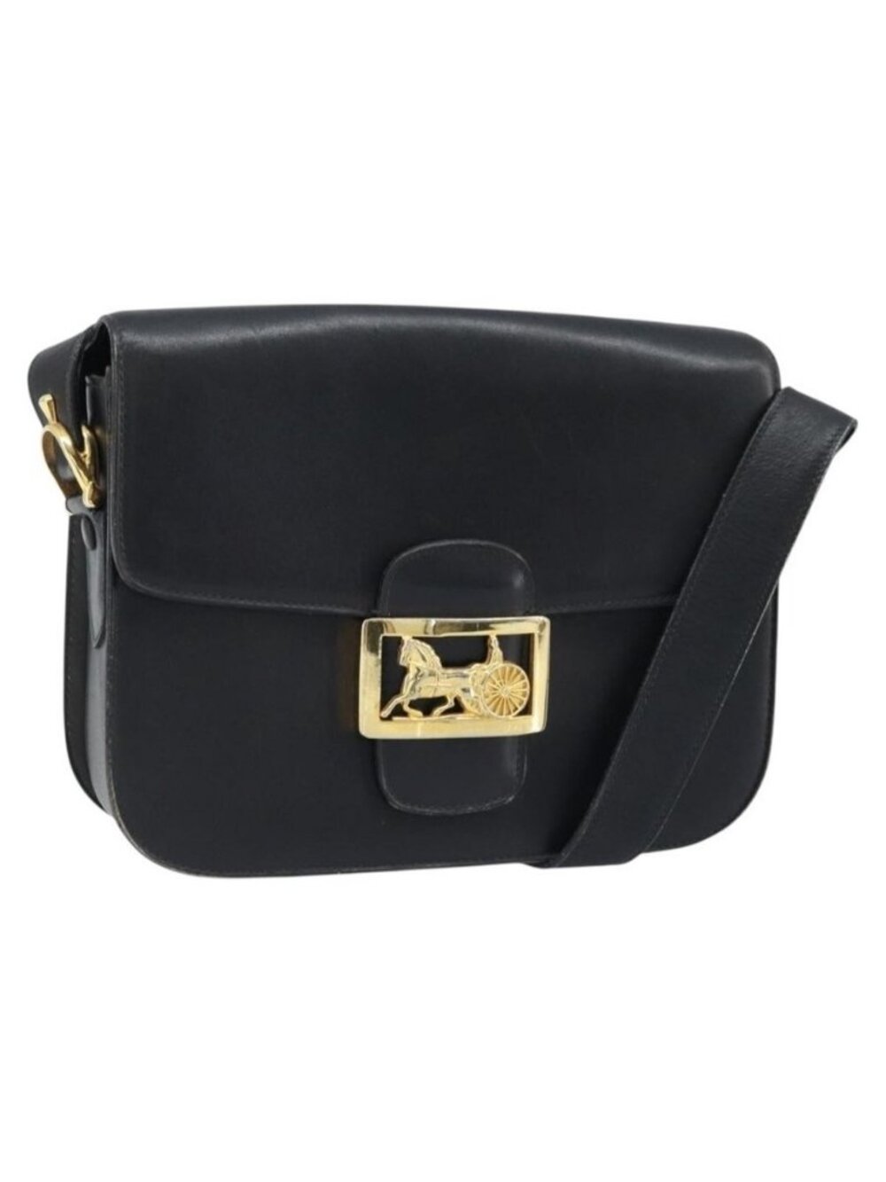 Authentic CELINE Horse Carriage Shoulder Bag Leather Black Gold